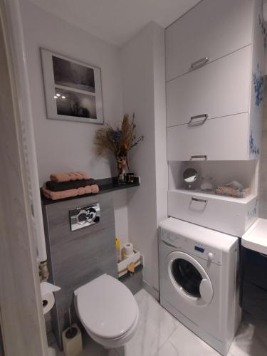 y baño con lavadora y aseo. en Apartamenty Piastów, en Cracovia