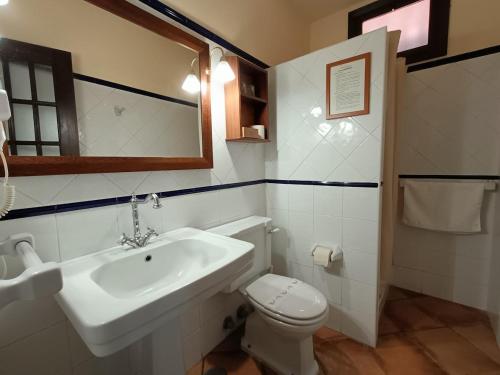 a bathroom with a sink and a toilet and a mirror at Tamahuche Hotel Rural in Vallehermoso