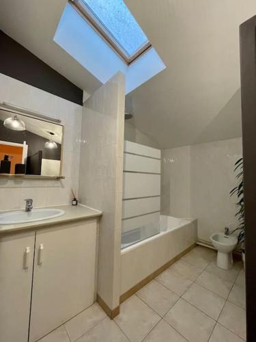 a bathroom with a sink and a toilet and a skylight at La maisonnette in Montauban
