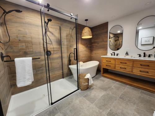 a bathroom with a shower and a toilet and a sink at Mont-Blanc 2 - Direct access to hiking, beach & pool at Mont-Blanc in Mont-Blanc