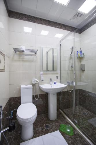 a bathroom with a toilet and a sink and a shower at Leyla Apartments 1 in Baku