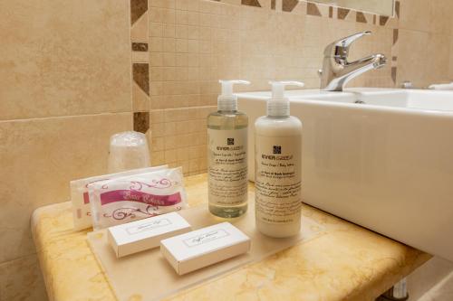 a bathroom with two bottles on a counter next to a sink at Hotel Venice Resort Airport in Tessera