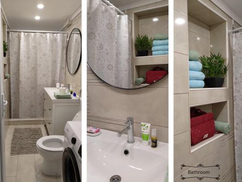 twee foto's van een badkamer met een wastafel en een spiegel bij Il Mare Apartment in Herceg-Novi
