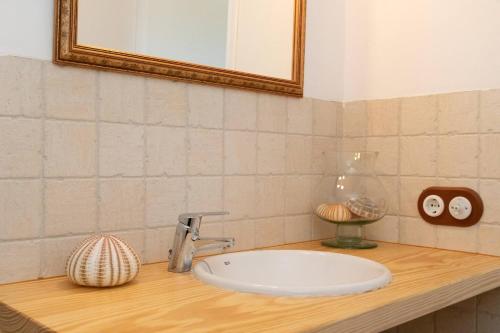 a bathroom counter with a sink and a mirror at Santolina - Casa Rural en l'Ampolla con piscina privada, jardín y barbacoa - Deltavacaciones in L'Ampolla