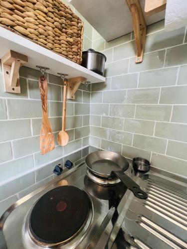 - une cuisine avec cuisinière et pot dans l'établissement Suite vue Montmartre & balcon, à Paris