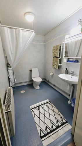 a bathroom with a white toilet and a sink at Åvillan - River house in Lagan