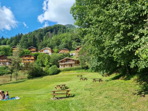 a group of picnic tables in a field with houses at Le MontBlanc-Flumet in Flumet