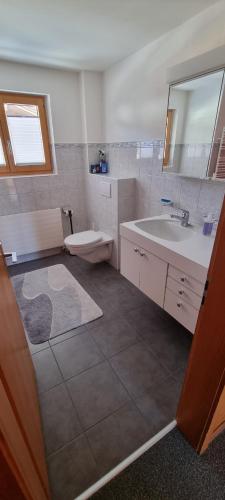 a bathroom with a sink and a toilet and a mirror at Casa Bereca in Flims