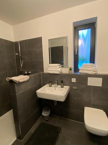 a bathroom with a sink and a toilet at Alte Schreinerei in Bielefeld