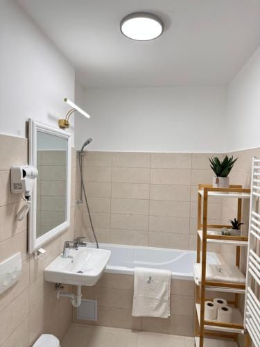 ein Badezimmer mit einem Waschbecken und einer Badewanne in der Unterkunft Cozy Apartments at Maurer Residence Brasov in Braşov