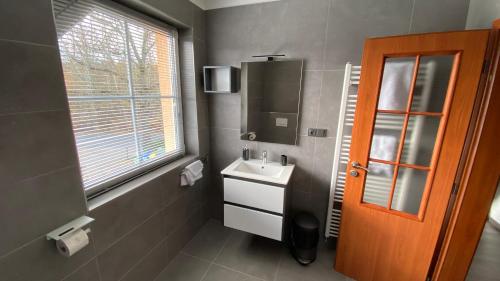 een badkamer met een wastafel, een spiegel en een raam bij Restaurace Pyramida in Karlsbad