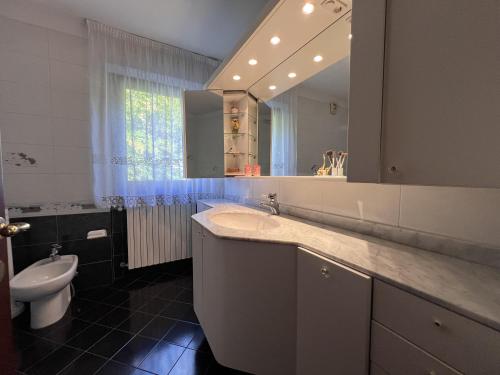 ein Badezimmer mit einem Waschbecken, einem WC und einem Spiegel in der Unterkunft 008 Quadrilocale, Pinzolo in Pinzolo