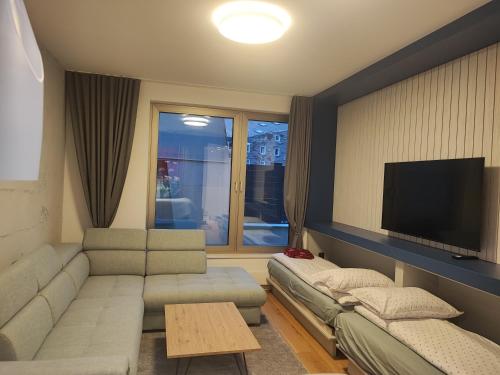 a living room with a couch and a flat screen tv at Apartman Olaf Bjelašnica in Bjelašnica