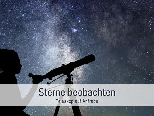a girl looking at the stars with a telescope at RamosHansenHof Fewo Nordlicht 6 Personen Hund inklusiv in Steinberg