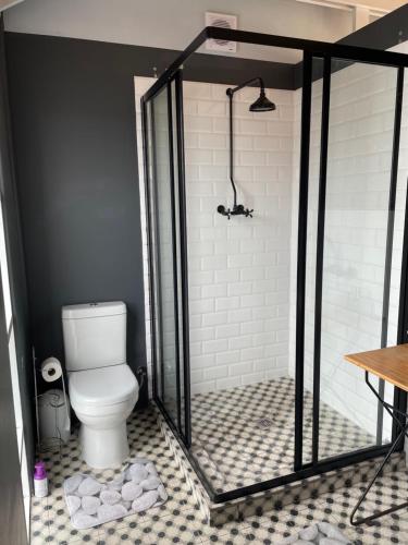 a bathroom with a white toilet in a shower at Mountain View flat in Cape Town