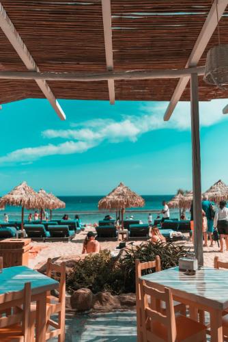 a beach with tables and umbrellas and people on the sand at Paradise Beach Camping - Adults Only in Paradise Beach