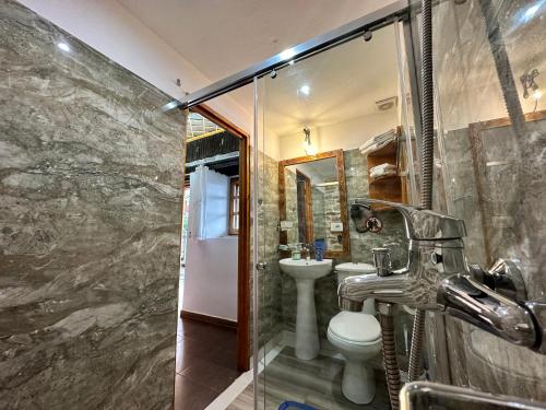 W łazience znajduje się prysznic, toaleta i umywalka. w obiekcie Guesthouse Mele w Gjirokastrze