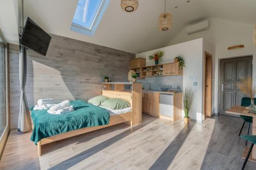 1 dormitorio con 1 cama y cocina en Duna Lodge - Luxury Apartment, en Dunaszentmiklós