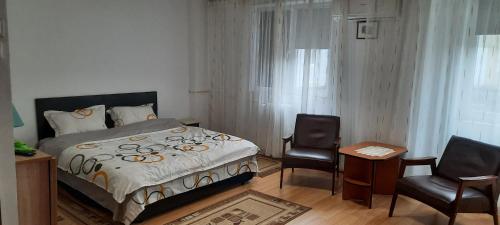 1 dormitorio con 1 cama y 2 sillas en Ultracentral free private parking, en Ploieşti