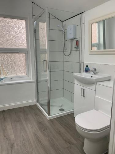 a bathroom with a shower and a toilet and a sink at PLATFORM Avenues Apartment 2 in Hull