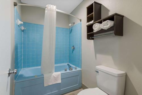 a bathroom with a blue tiled shower and a toilet at Econo Lodge in Cheraw