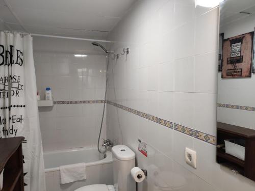 een badkamer met een wit toilet en een douche bij ESTUDIO RUFINA.Tranquilidad ,Alameda de Hércules! in Sevilla