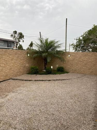 un mur en briques avec un palmier devant lui dans l'établissement Casa de Praia, à Palhoça