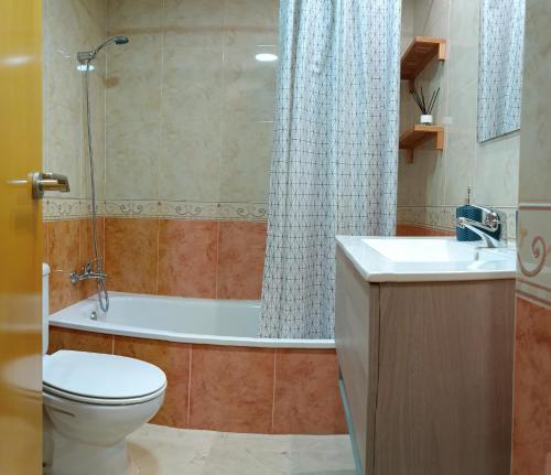 ein Bad mit einem WC, einem Waschbecken und einer Dusche in der Unterkunft EL RINCÓN DEL GUADALQUIVIR in La Rinconada