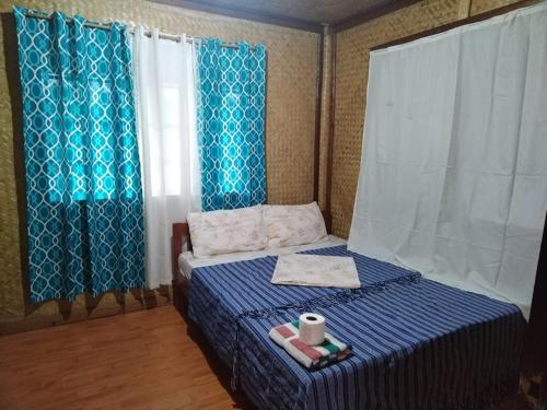 a small bedroom with a blue bed with blue curtains at Itaytay inn in San Vicente
