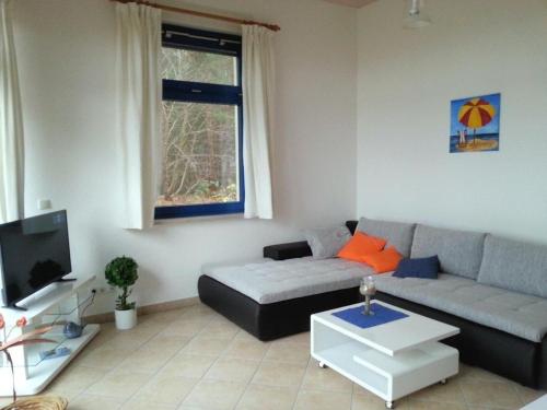 a living room with a couch and a tv at Ferienwohnung Wellenblick in Trassenheide