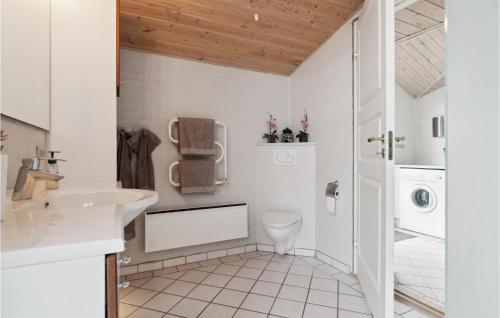 La salle de bains blanche est pourvue de toilettes et d'un lavabo. dans l'établissement Gorgeous Home In Thisted With Wifi, à Thisted