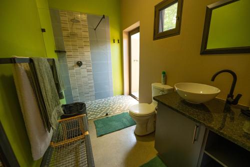 Bee-Eater Cottage في هويدزبروت: حمام مع حوض ومرحاض ودش