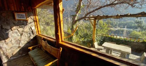 a window in a room with a bench and a tree at Tres Continentes in San José de Maipo