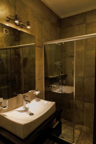 a bathroom with a sink and a shower at Alta Vista Apart Alojamiento Temporario Reconquista in Reconquista