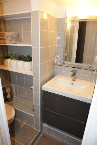 une salle de bain avec un lavabo et un miroir dans l'établissement Studio centre historique 200 m de la mairie - Climatisé, à Aix-en-Provence