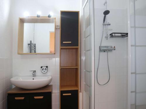 une salle de bain avec un lavabo, un miroir et une douche dans l'établissement Studio 4 pers skis aux pieds, balcon sud - FR-1-322-129, aux Orres
