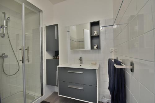 y baño con lavabo y ducha. en Maison A Vallon, en Couloumé-Mondébat