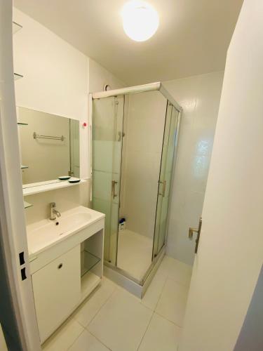 une salle de bain avec douche et lavabo dans l'établissement Appart tout confort pour famille RER A 2min, à Cergy