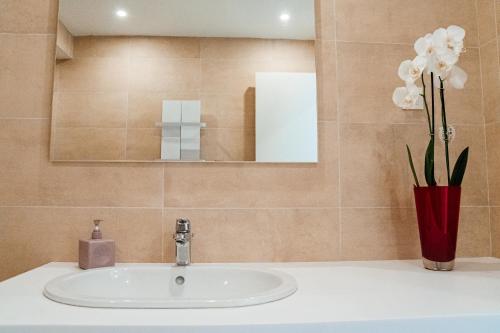 a bathroom with a sink and a red vase with flowers at Sunraf Luxe Apartments in Budva