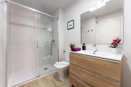 a bathroom with a shower and a toilet and a sink at MalagaSuite Comfortable Home Apartments in Málaga