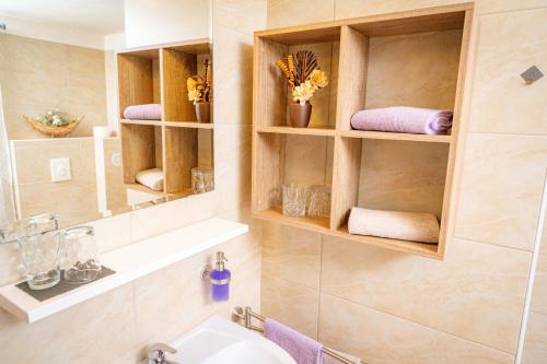 a bathroom with wooden shelves and a sink at Pension Sandhof in Knittelfeld