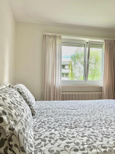 Appartamento per 4 persone في Rudolfstetten: غرفة نوم بسرير ونافذة كبيرة