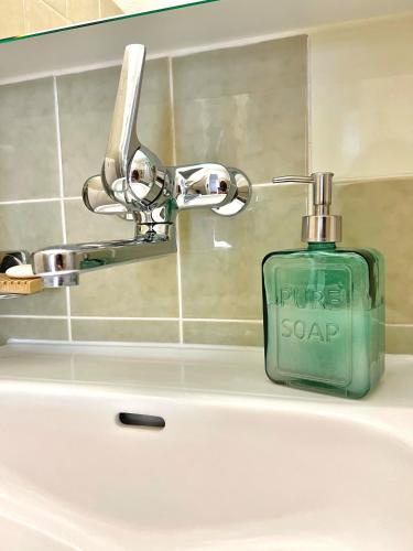 a bottle of soap sitting on a bathroom sink at Appartamento per 4 persone in Rudolfstetten
