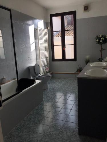 a bathroom with a tub and a toilet and a sink at Chez Franck et Sandra , plein centre ville, 1 er étage in Sainte-Menehould