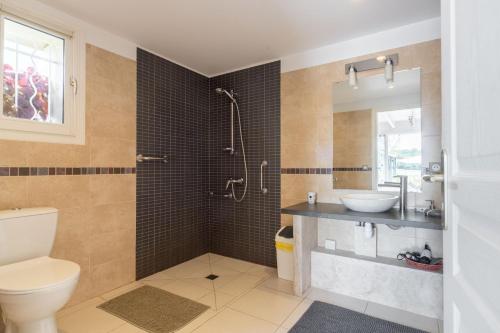 a bathroom with a toilet and a sink and a shower at Lespiland 4étoiles T et H piscine in Lavergne