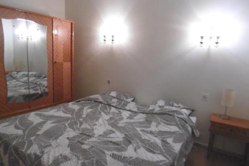 um quarto com uma cama e um espelho em Gîte Le Scaphandre em Espalion