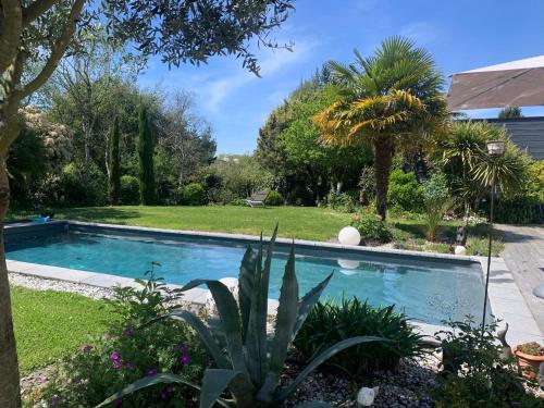 - une piscine dans une cour ornée de plantes dans l'établissement Ker Mouettes, à Arradon