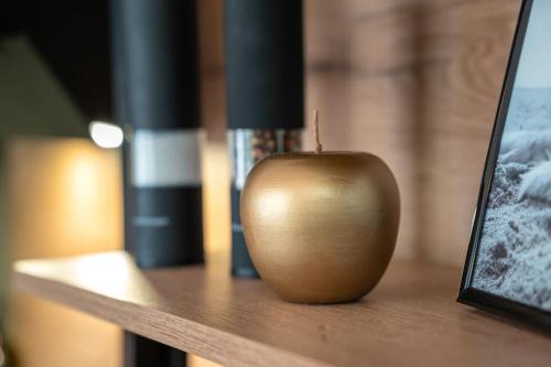 una manzana sentada sobre una mesa en Ferienwohnung "Haffhafen" Hunde willkommen en Zirchow