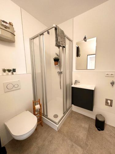 a bathroom with a shower and a toilet at StayRoom Apartments I "Woody2" neben Donaulände in Linz