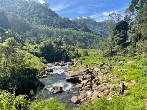 a river in the mountains with a man standing next to it at Eagles Eco Lodge - Kandy in Digana